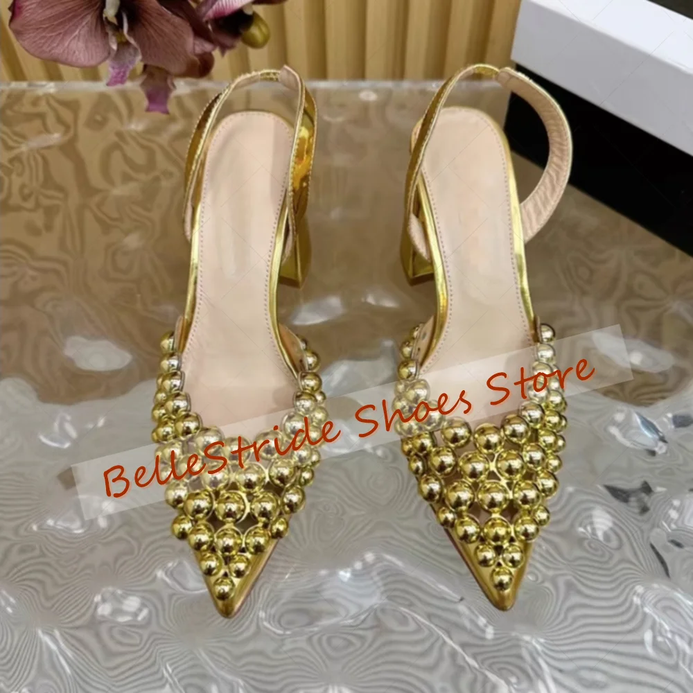 

Gold Metal Round Rivets Pointed Toe Pumps Fashion Women Shoes Chunky High Heels Party Banquet Dating 2025 Zapatos Para Mujere