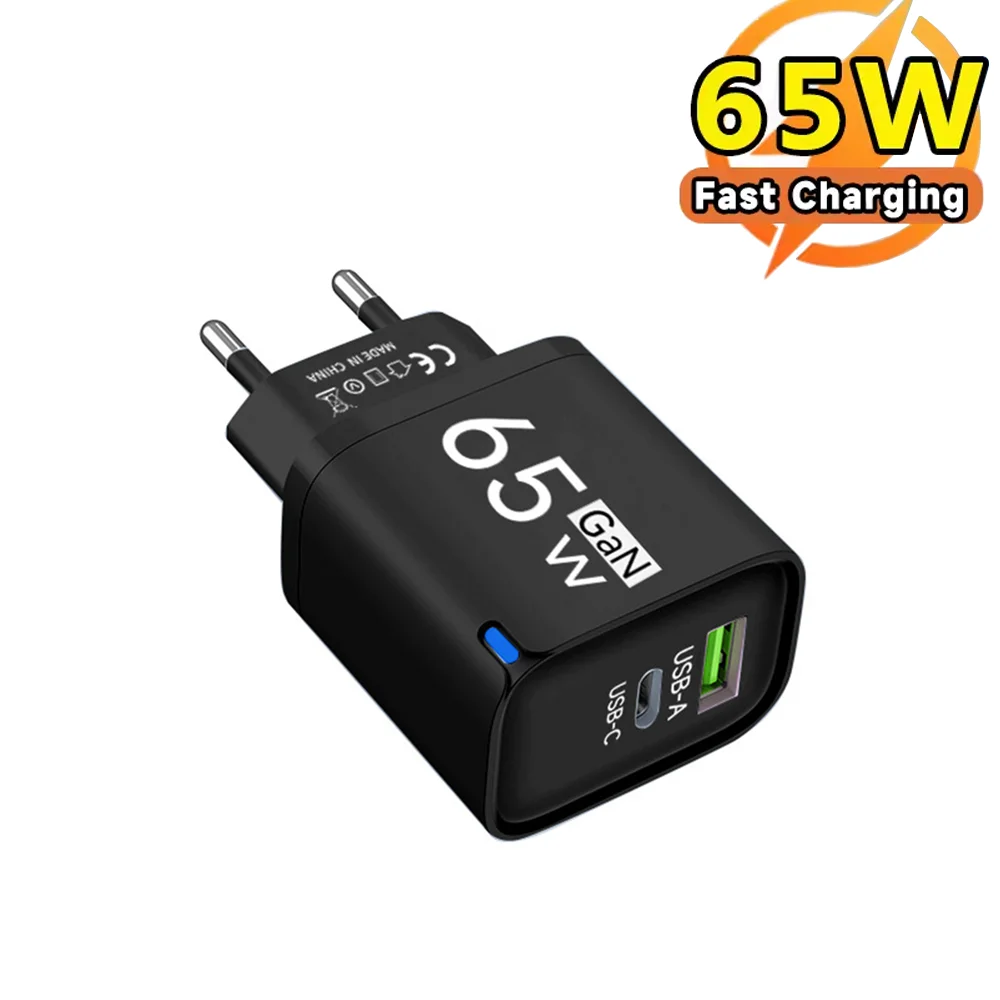 Cargador rápido de 65W, 2 puertos PD, USB tipo C, carga rápida 3,0, adaptador de enchufe UE/EE. UU./Reino Unido para teléfonos móviles iPhone, Xiaomi, Samsung, Huawei