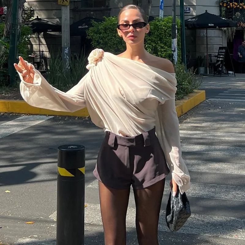 

Sexy Irregular Oblique-neck Flower Applique T Shirt Summer Off Shoulder Fashion Long Sleeve Crop Tops Street Mesh Tees