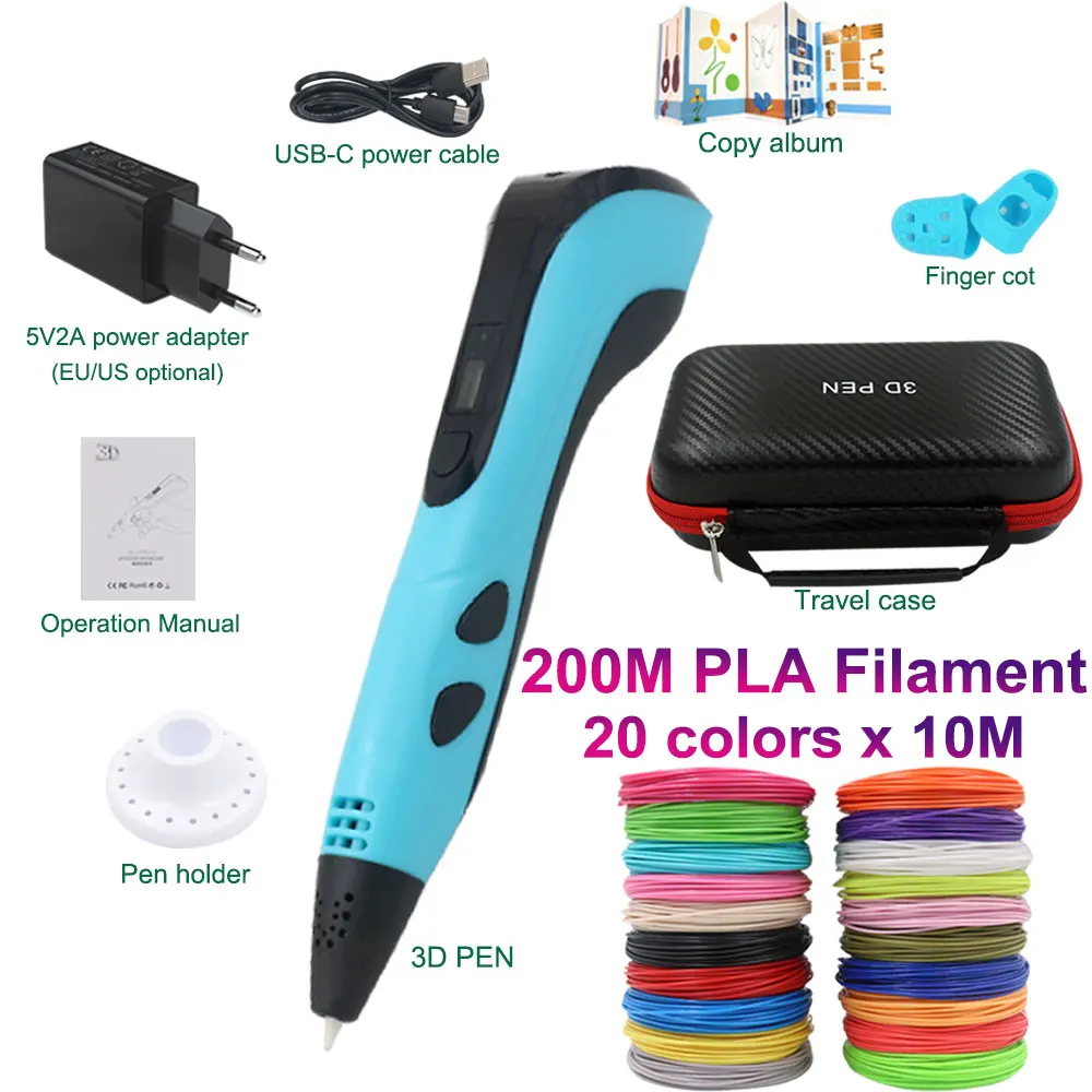 3D Pen for Kids 3D Printing Pen with LED Screen with 200M PLA and Power Adapter and Storage Box Christmas Birthday Gift for Kids