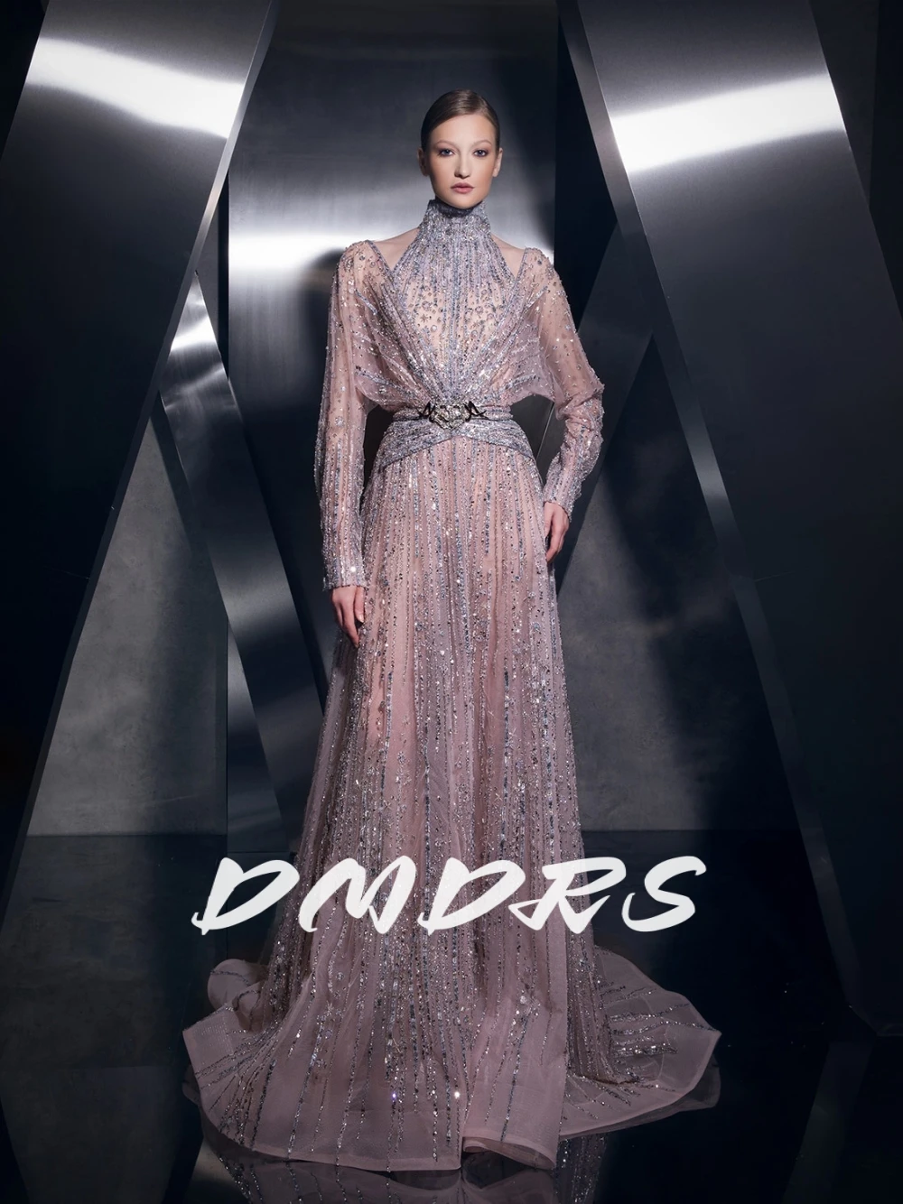 

Sequin Embroidered Luxe Evening Dress A Line Beaded High Neckline Customized Fitted Waist Dazzling Women Prom Gown With Belt