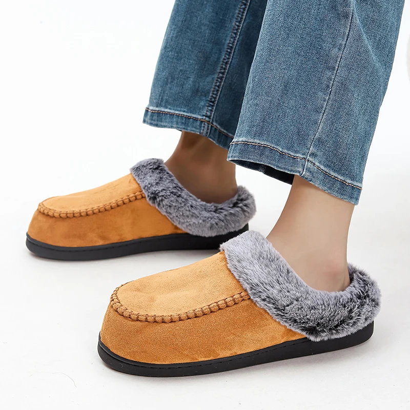 Man Women Faux Fur House Cotton Slippers 2024 Winter Warm Plush Lined Home Shoes Men Comfort Soft Sole Couple Fluffy Slippers