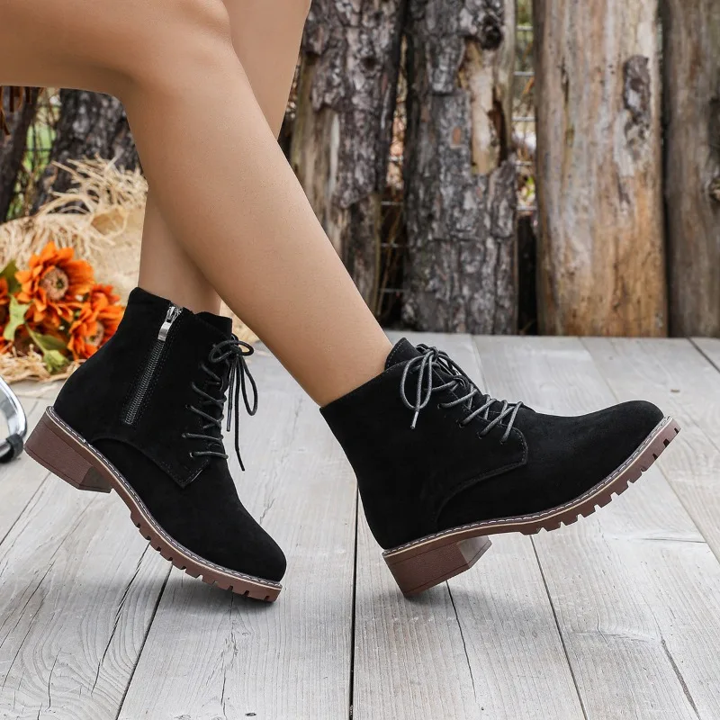 

Elegant minimalist women's boots autumn winter new round toe lace up women's shoes fashionable versatile warm women's boots