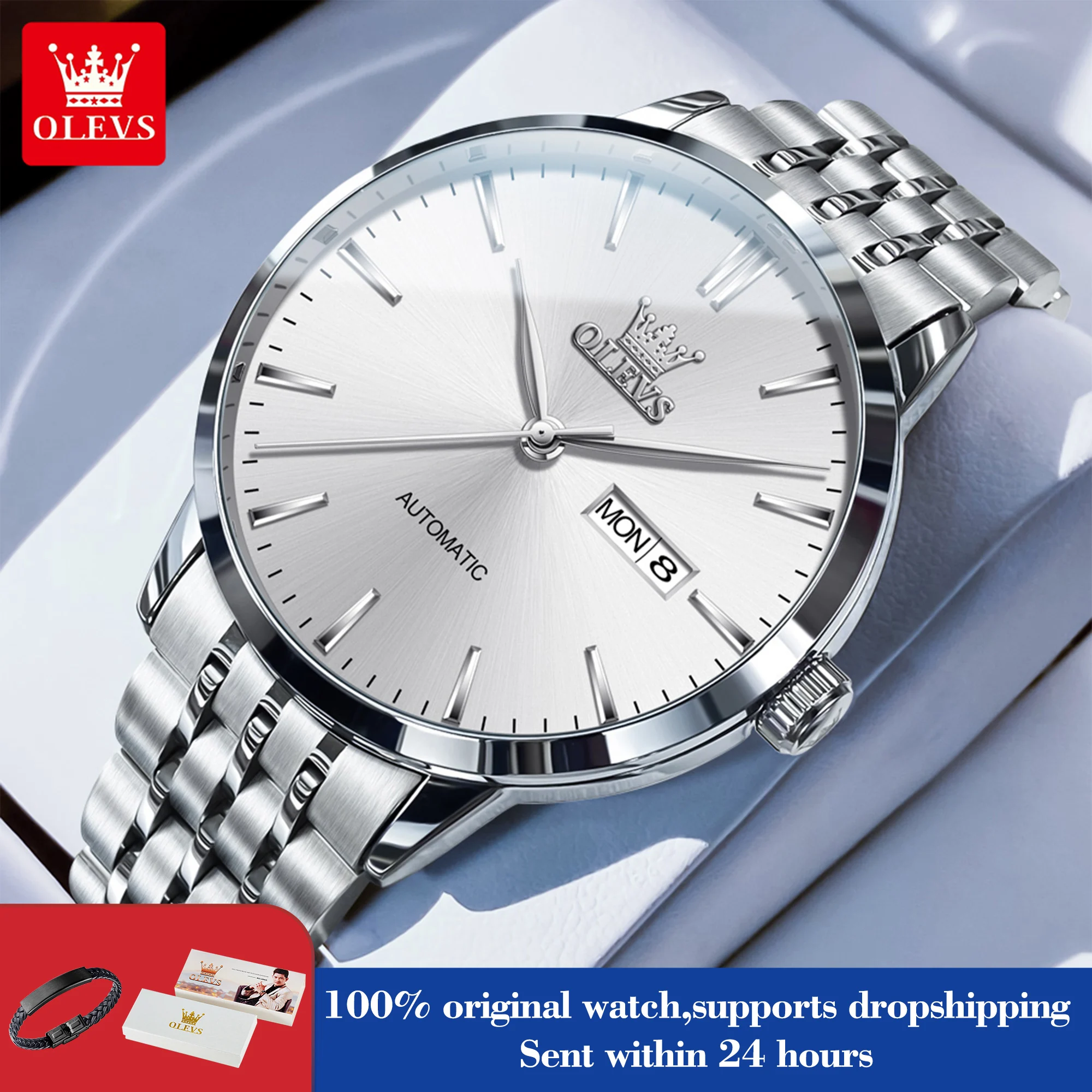 

OLEVS 7048, мужские часы, модные механические деловые часы для мужчин, простые оригинальные водонепроницаемые ручные часы с двойным календарем из нержавеющей стали