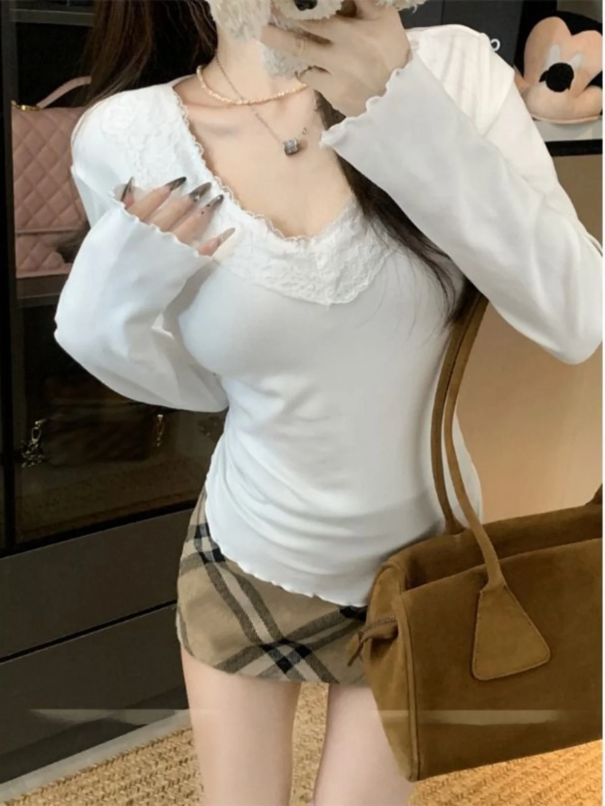 Lace Base Layer Shirt Women's Spring 2025 New Small Fragrance Style Long Sleeve V-neck Underwear Pure Desire Sexy Spicy Girl ...