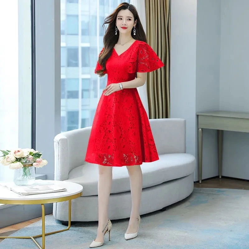 

Short sleeve lace dress 2023 new women's dress with summer belly covering and thin foreign style dress