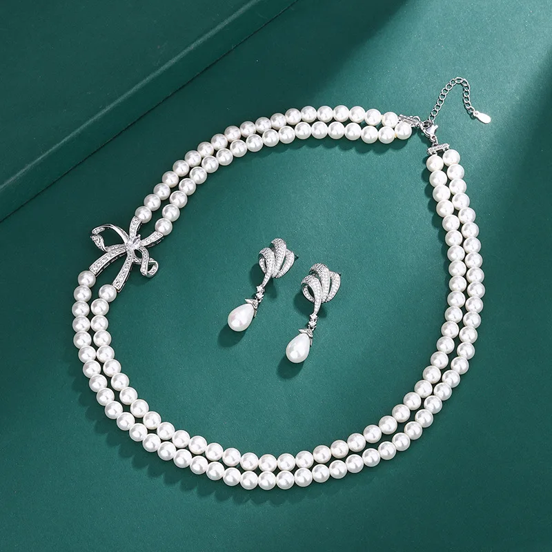 Hotsale Fashion Two Layer Simulated Pearl Bowknot CZ Chokers Necklace Earring Jewelry Set