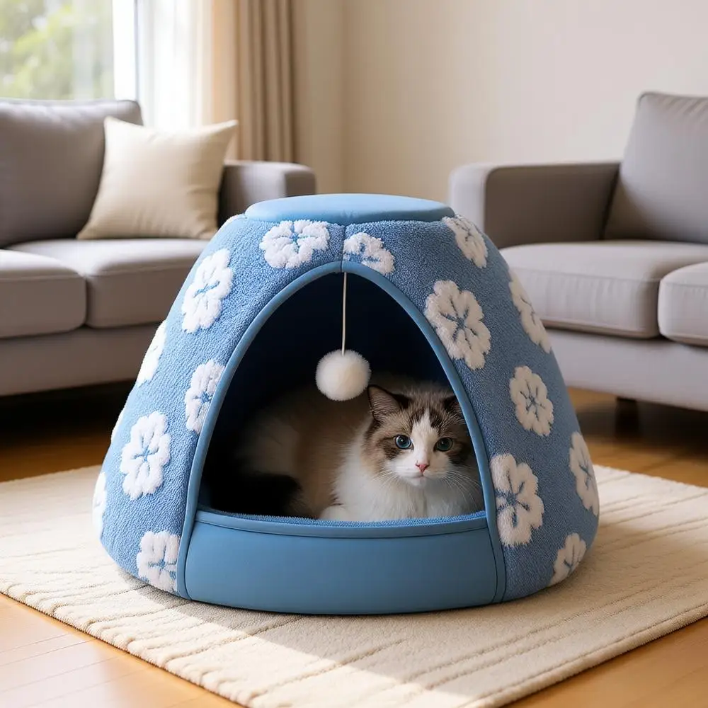 

Палатка-домик 2-в-1 для котят и маленьких собак с нескользящим дном и ультрамягким плюшем, 21 дюйм, синий