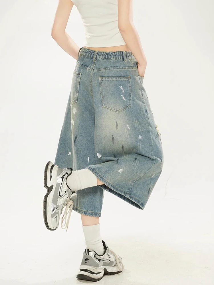 Y2K American Graffiti Printed Ripped Cropped Pants Loose Summer Jeans Trend Shorts for Women