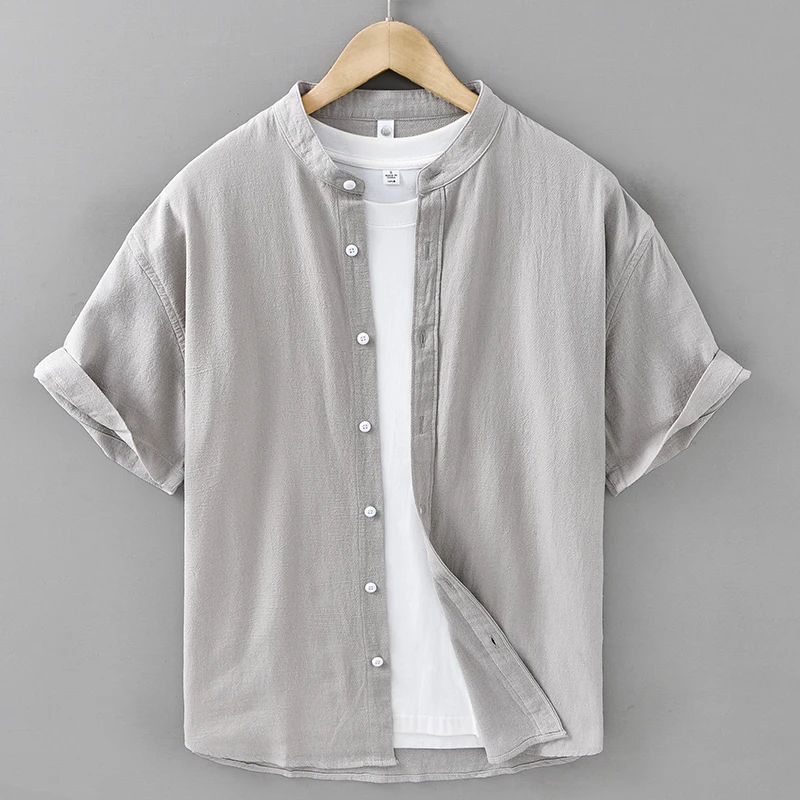 

2026 Summer New Casual Pure Cotton Short Sleeve Shirt for Men Clothing Sand Collar Solid Color Shirts