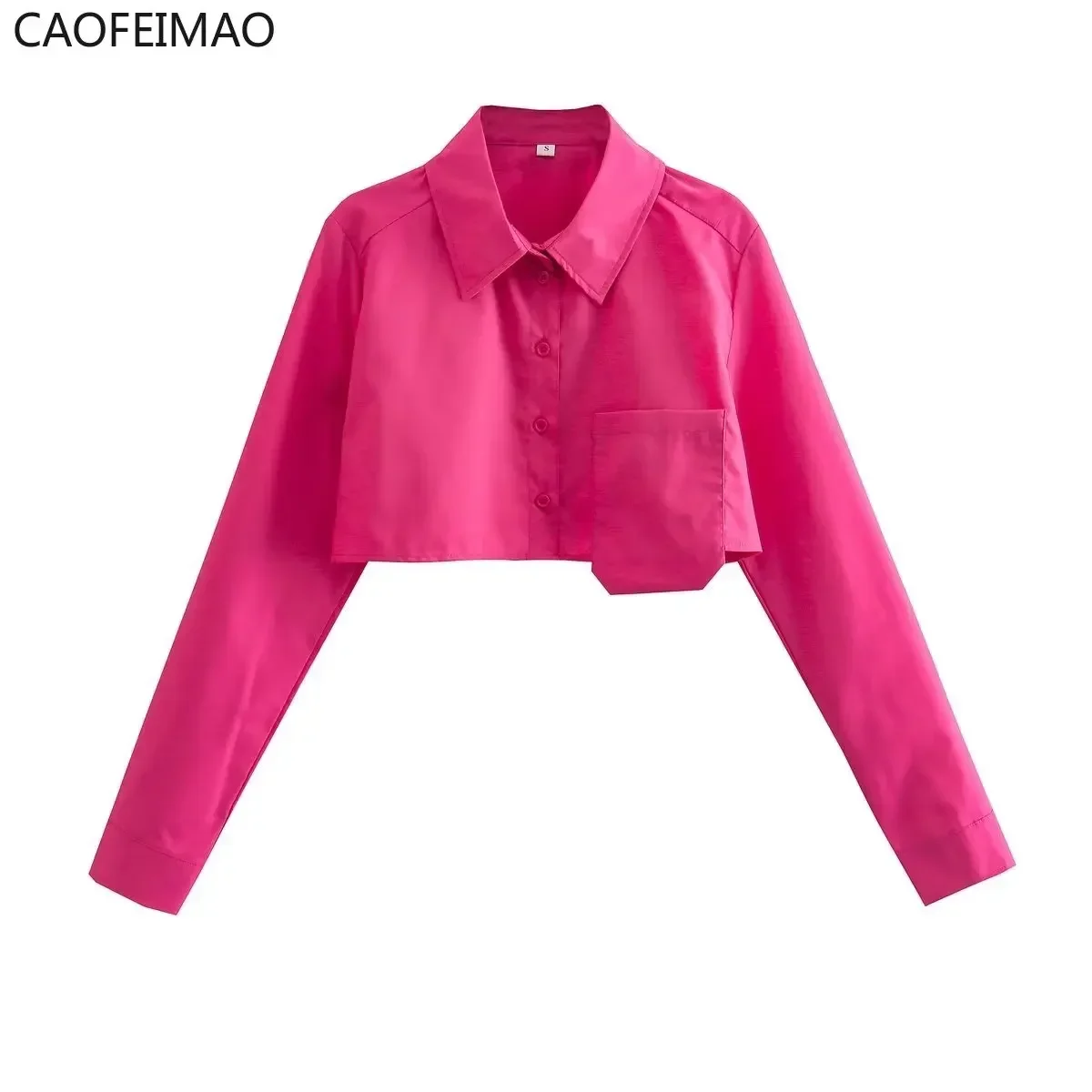 2025 Caofeimao Women Fashion Solid Color Pocket Design Short Smock Blouse Office Lady Shirt Chic Casual Chemise Blusas Tops