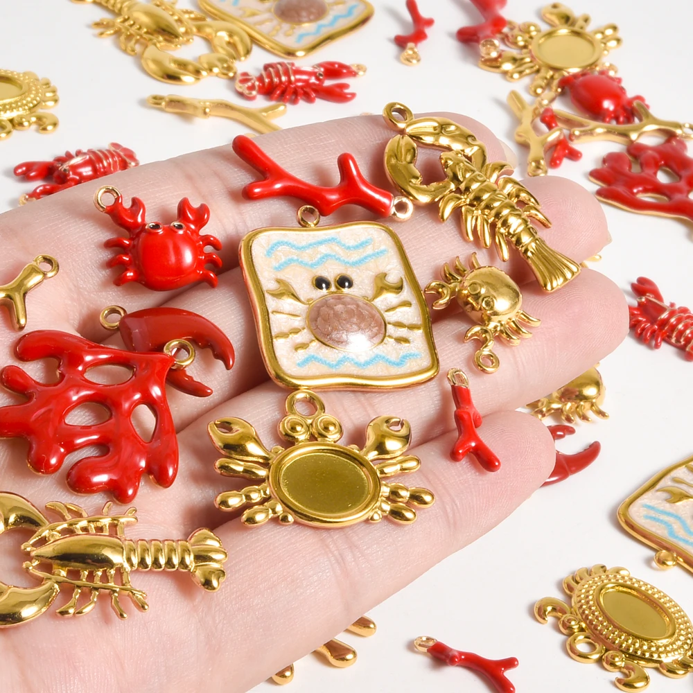 10pcs Gold Color Lobster Crab Coral Charm Stainless Steel Pendant For Jewelry Making Diy Bracelet Earrings Necklace Accessories