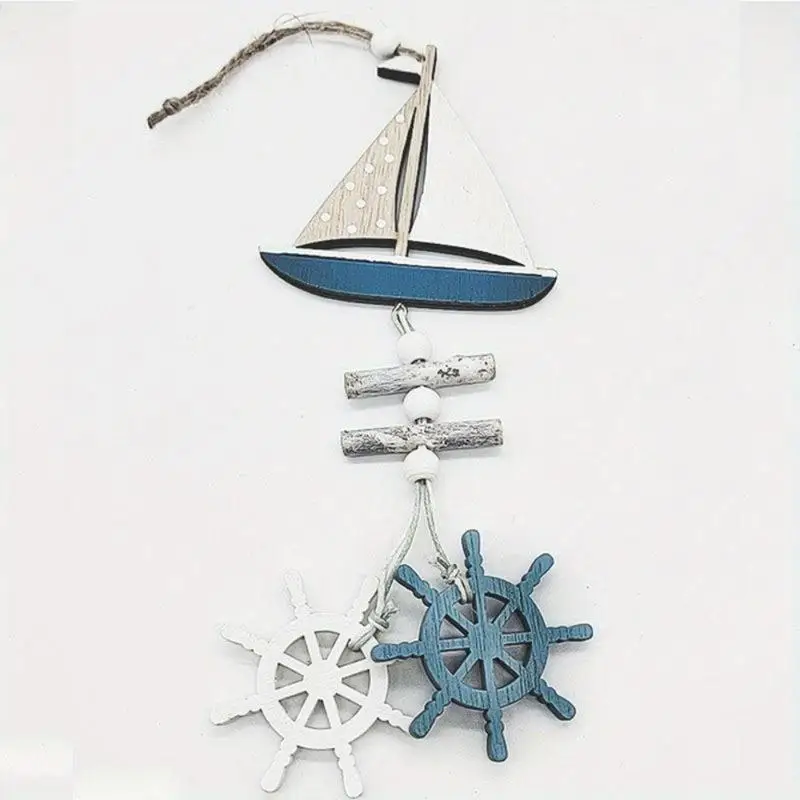 Marine Style Wooden Pendant Ocean Wind Crafts Small Fish Boat Wall Hanging Decoration Home Decor