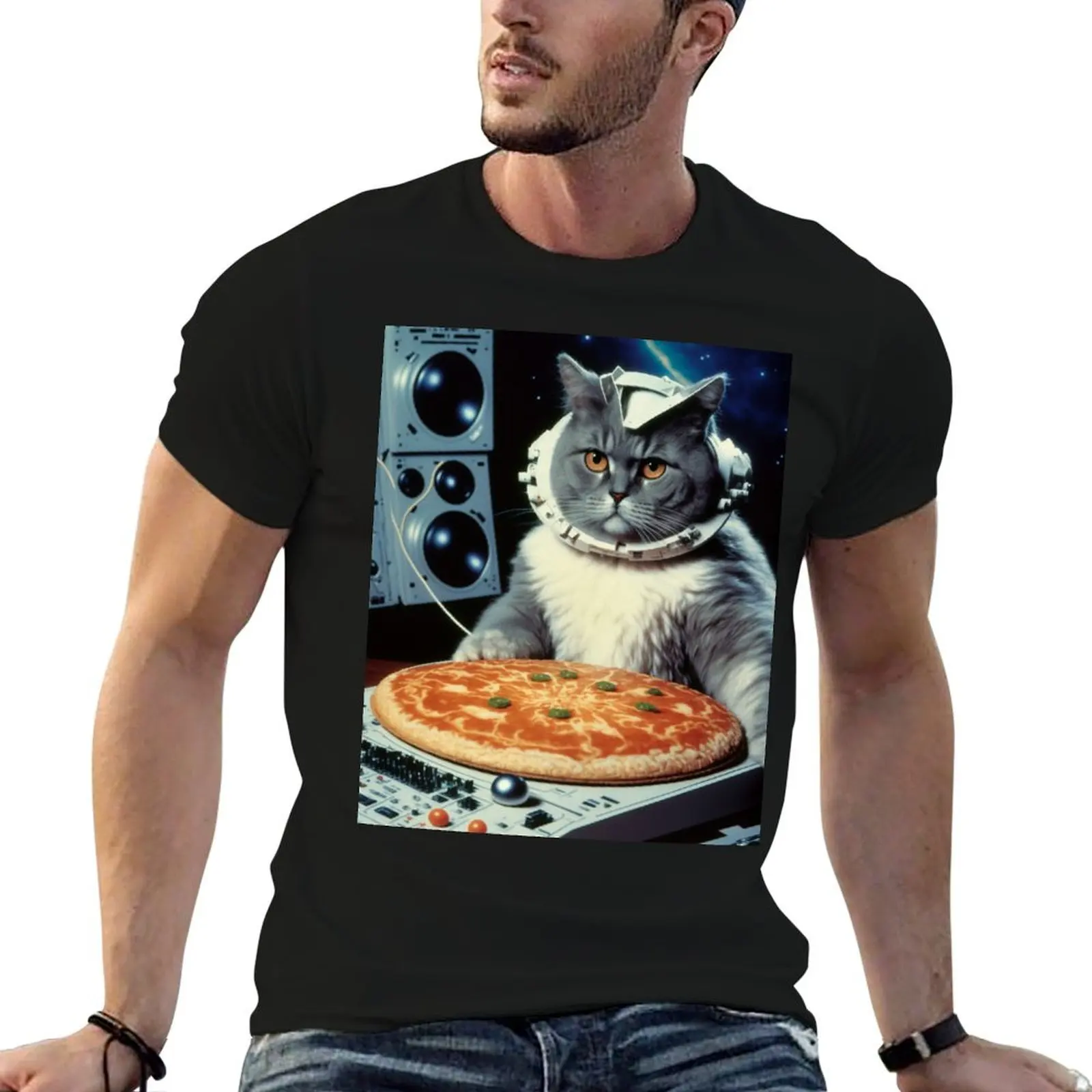 

DJ Cat Pizza T-Shirt man t shirt graphic black cotton t-shirt plain for man package T-Shirt