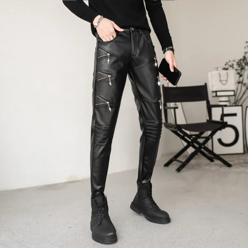 2025 New Arrived Skinny Biker Leather Pants Mens New Faux Leather Biker Trousers for Male Trouser Stage Club Wear