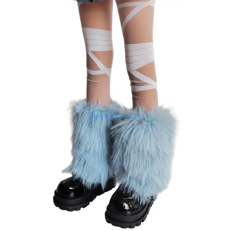 P88B Women's Plush Blue Leg Warmers for Daily Wear and Festival Occasion Furry Fuzzy Boot Toppers Gaiters Footless Socks