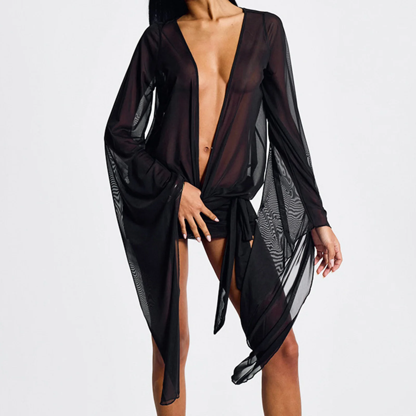 Yiiciovy – Mini robe transparente en maille pour femmes, Cover-Up de plage, manches longues, col en V, dos nu, couleur unie, robe de Cocktail transparente
