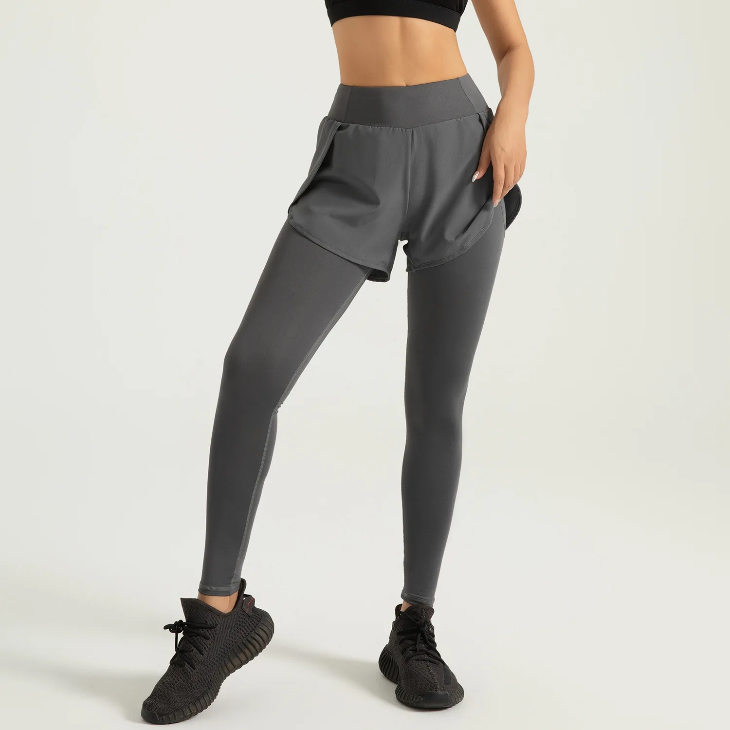 가짜 투피스 요가 팬츠 여성용 하이웨이스트 뱃살 보정 힙업 운동 레깅스 포켓 포함 신축성 있는 스포츠 카프리