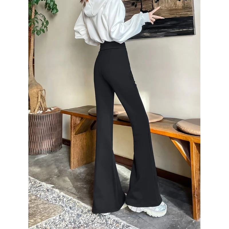2025 Pantalones acampanados elásticos modernos para mujer, ropa informal de oficina adelgazante cómoda, color negro sólido