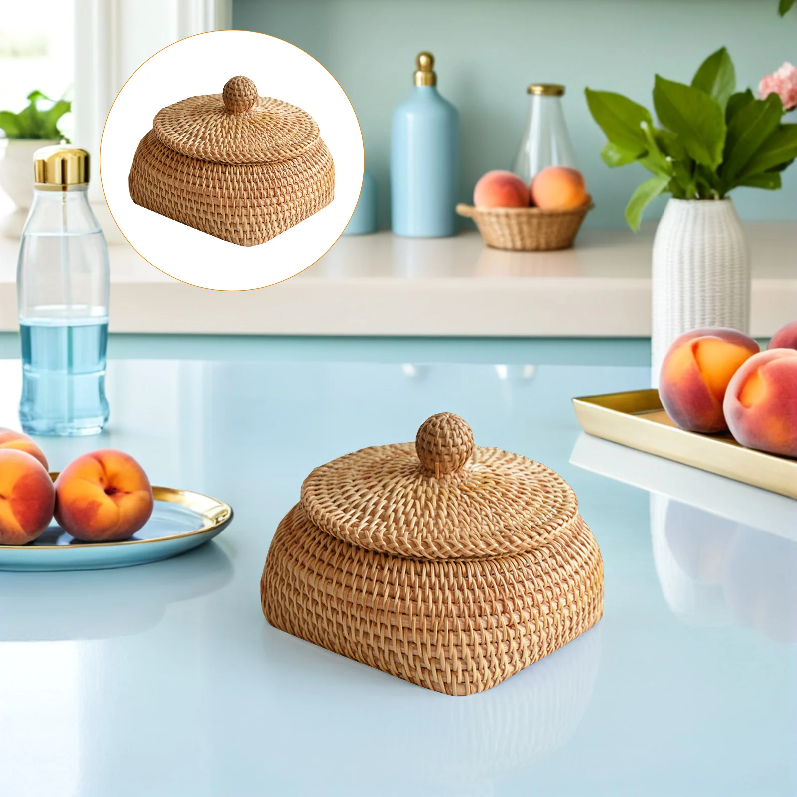 

1pc Weaving Storage Basket Round Sundries Organizer For Remote Control Snack Desktop Holder Light Brown