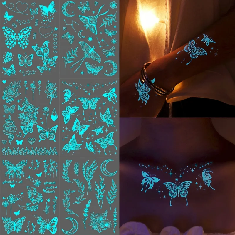 6 Zhang Blue Luminous Butterfly Tattoo Sticker，Glow in the Dark，Waterproof Temporary Tattoo Sticker for Music Festival Party