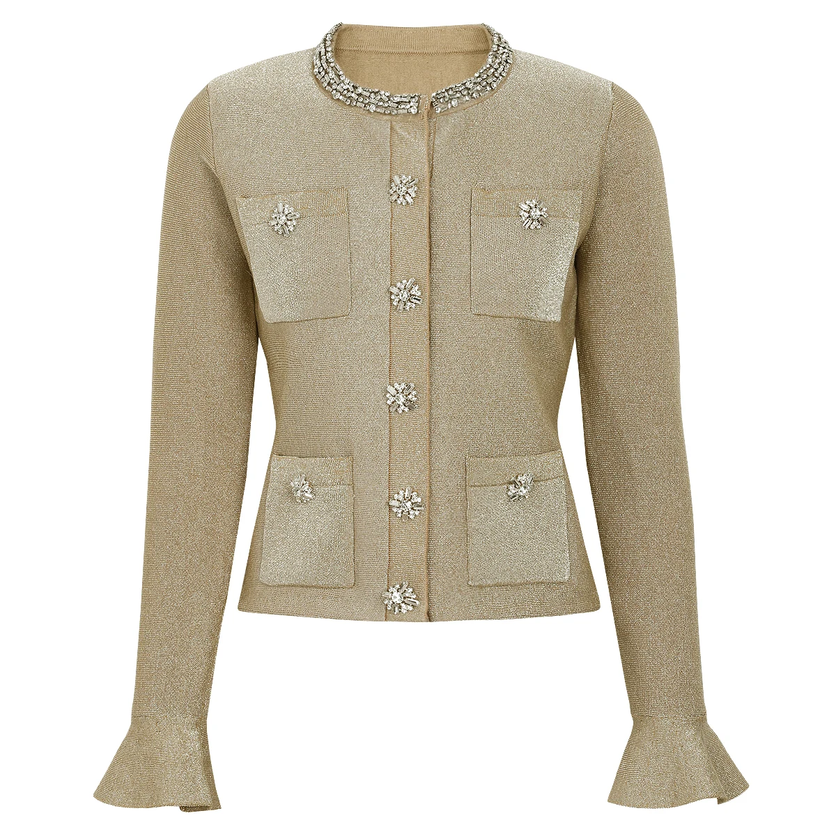 

2607 High-Quality Spring And Autumn New Fashionable Women's Knitted Slimming Nail-Diamond Lotus-Leaf Sleeve Top Outerwear