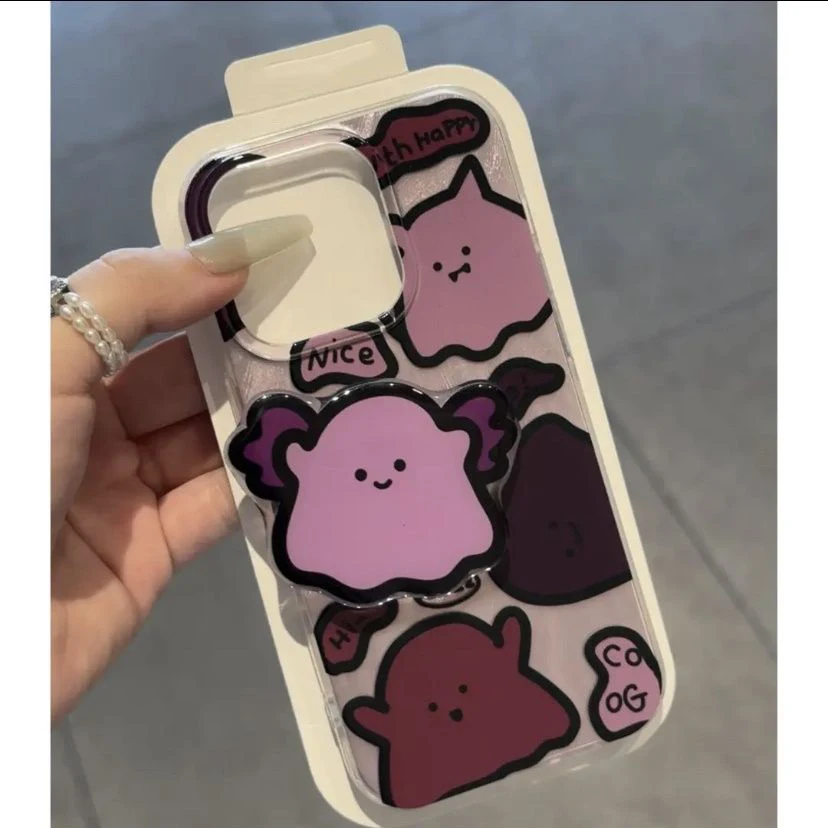 Phone Case For iPhone 15 14 13 12 11 8 7 X XS XR Pro Max Plus New INS Cartoon Purple Monster Print Protective Cover With Holder