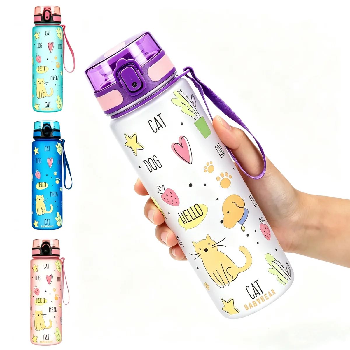 Hand Drawn Cute Animal Print 750ml Water Bottle, One Click Flip Top Lock Leakproof Portable Lanyard Plastic Drinking Cup For Sch