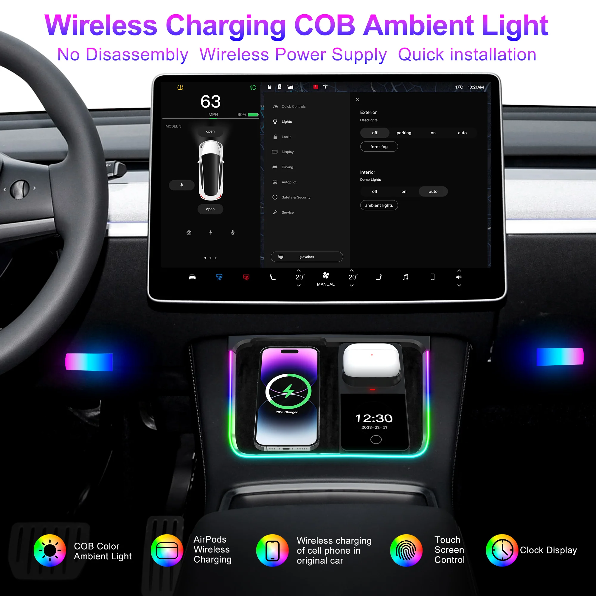 Novazopai Tesla Wireless Charging COB Ambient Light No Disassembly For Tesla 2021-2023 Model 3 & 2021-2024 Model Y