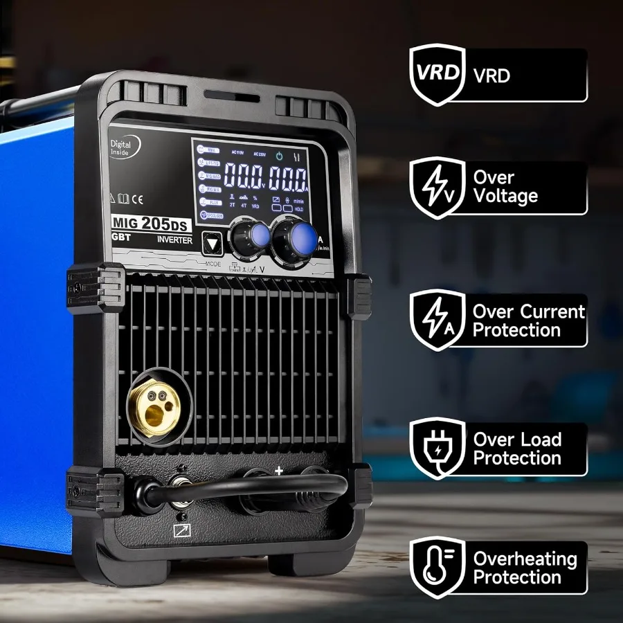 RILAND MIG205DS PRO 200Amp آلة لحام MIG ذات الجهد المزدوج لإصلاح السيارات وتصنيع المعادن ومشاريع ذاتية الصنع 5in1 متعددة