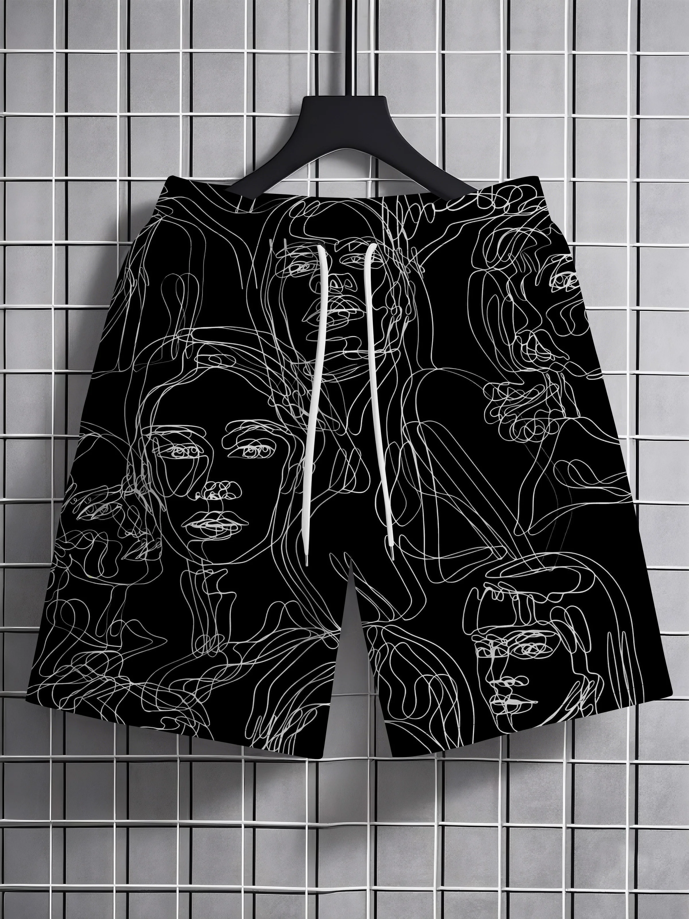 

2026 Summer New Men's Abstract Line Art Face Print Casual Shorts Y2K Oversized Casual Pants Suitable for Daily and Training Wear