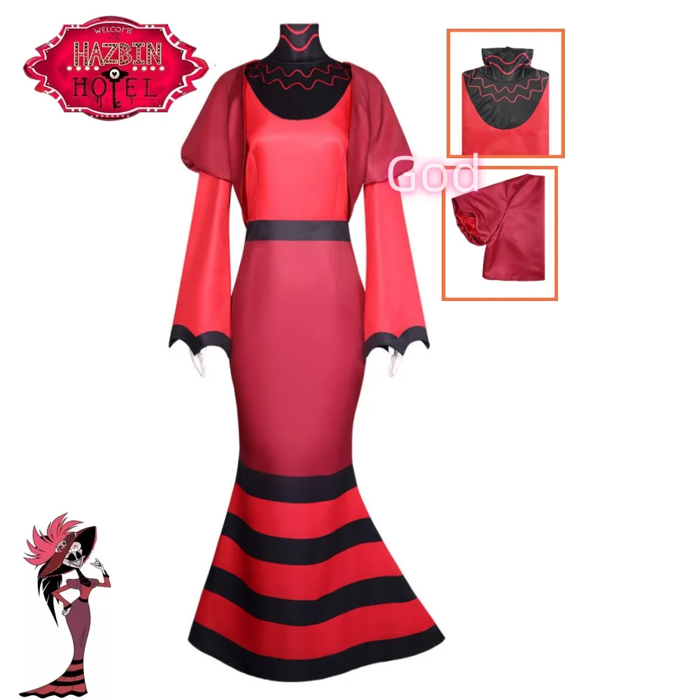 

Anime Hazbin Rosie Cosplay Costume Hotel Cos Red Dress Uniform Suit Role Play Halloween Fantasia Party Full Set for Adult Women