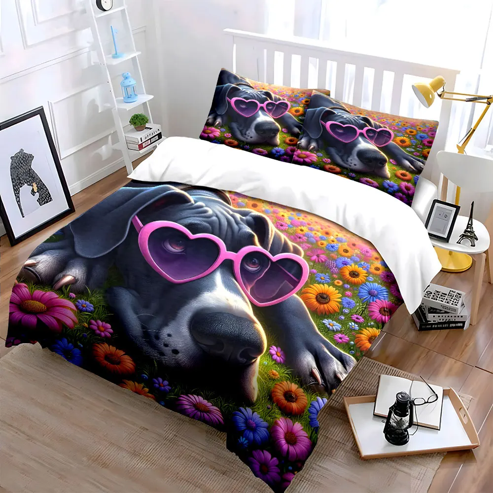 Big dog with heart-shaped glasses lying in flowers Printed Duvet Cover Set1 Duvet Cover+2 PillowcaseMulti Size Bedroom Bedding
