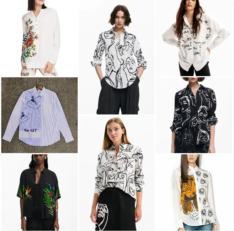 

2025 Foreign Trade Original Order Spain Hot Selling Women's Shirt Thin Breathable Printed Hand drawn Splicing Casual Shirt