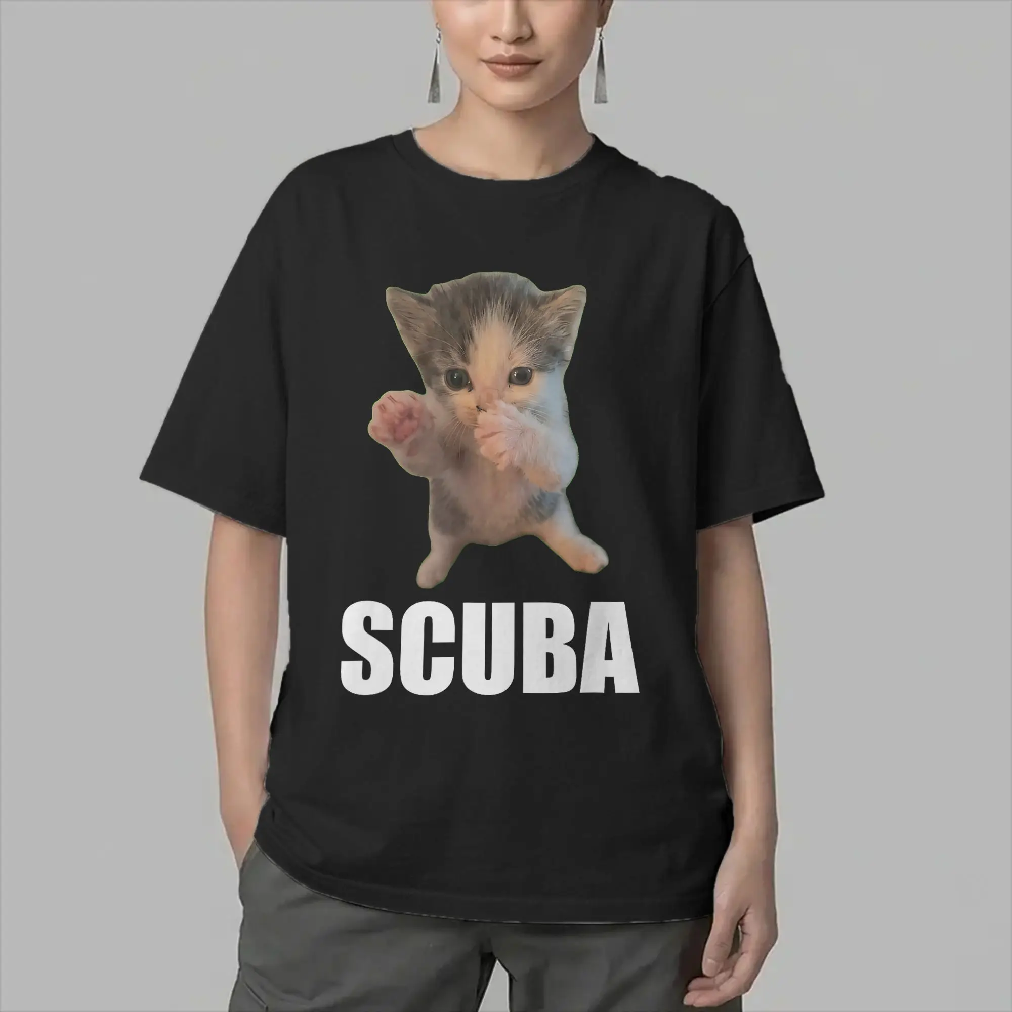 Cute Cat Scuba Dancing Meme T Shirts for Men Pure Cotton Vintage T-Shirt O Neck  Tees Short Sleeve Clothes Gift Idea
