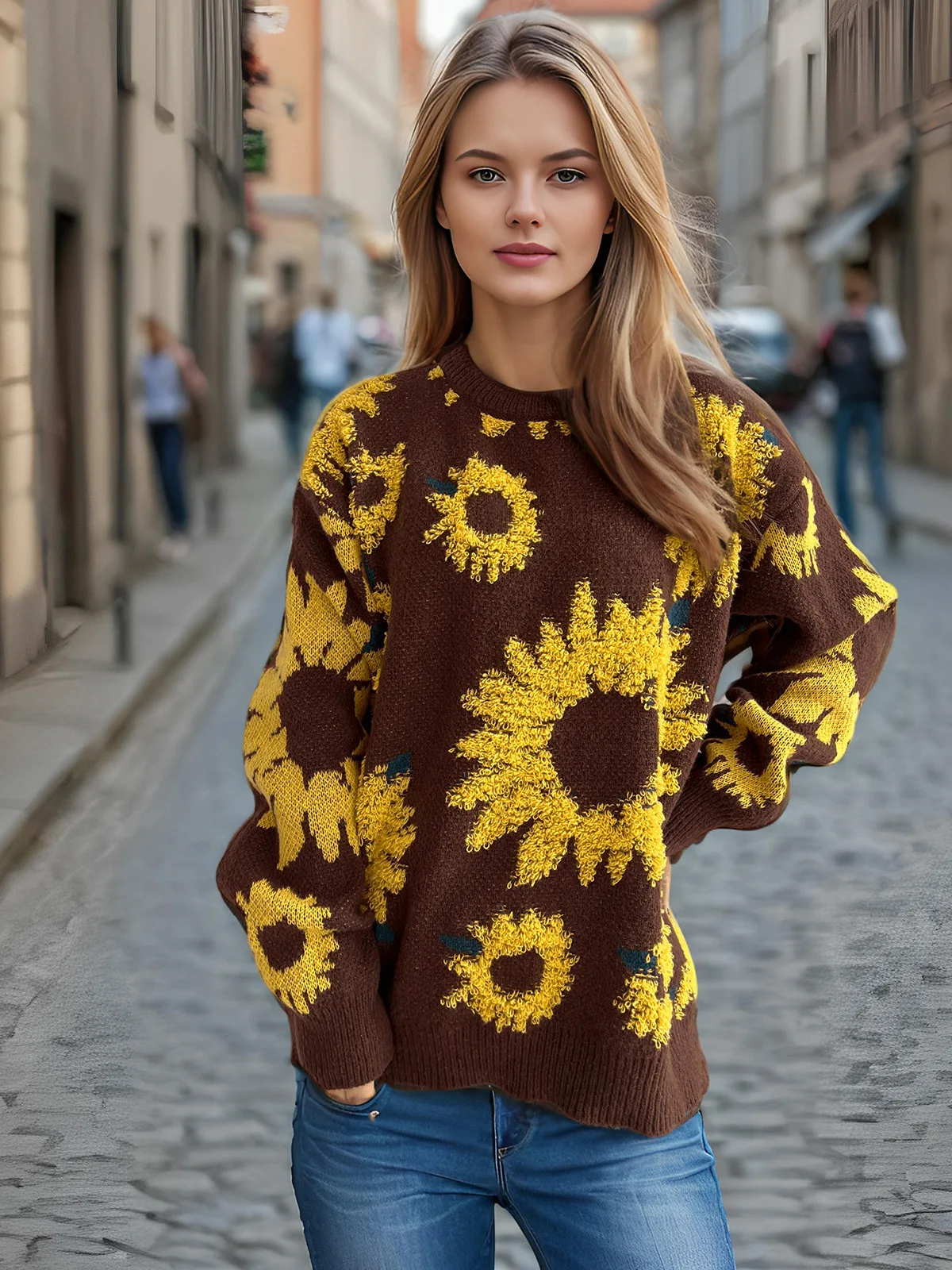 سترة امرأة فضفاضة شخصية الموضة اليومية عباد الشمس الجاكار الملابس الشتوية محبوك كم طويل الرقبة المستديرة البلوز القمم #5