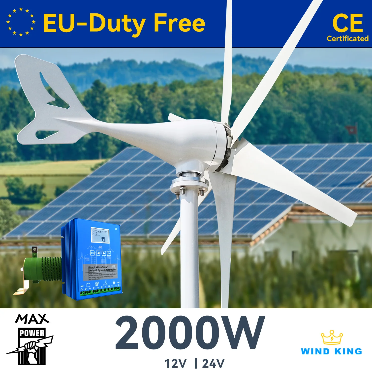 

WindKing 2000W Wind Turbine Power 2kw Generator Windmills With MPPT Hybrid Solar Charge System, Home Use 6 Blades Horizontal