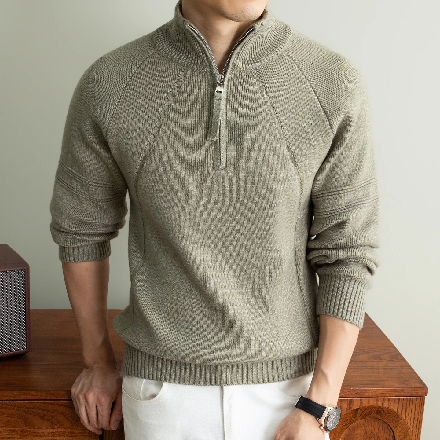 High Quality half zipper stand collar men's sweater knitted thicken winter warm fashion comfort new casual solid color pullover