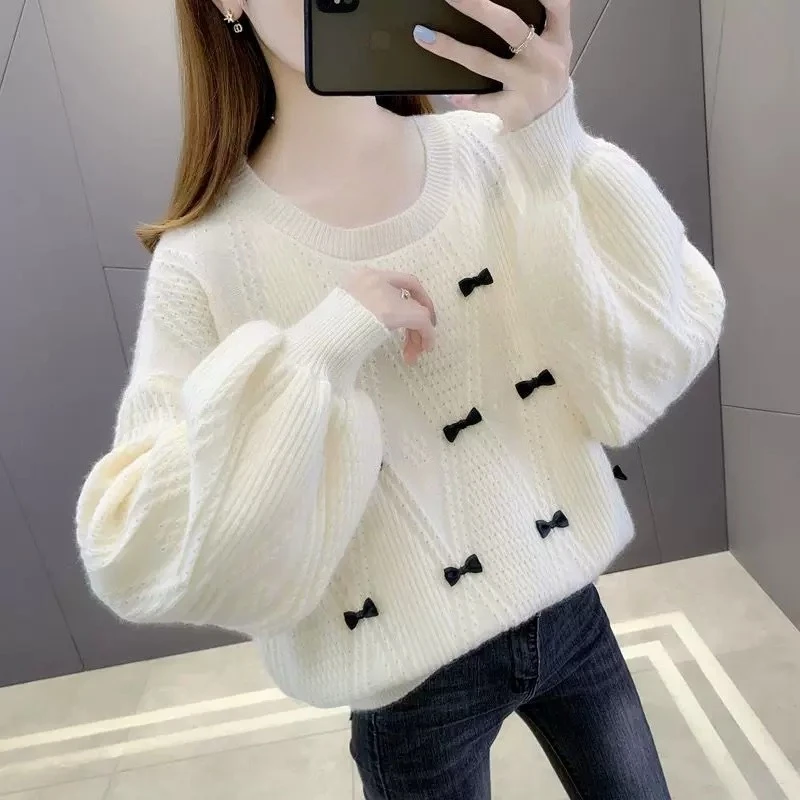 Matakawa Sweet Bows Woman Sweaters Autumn Winter Preppy Style Warm Pullovers Korean Fashion Versatile Thick Sueter Mujer XT54