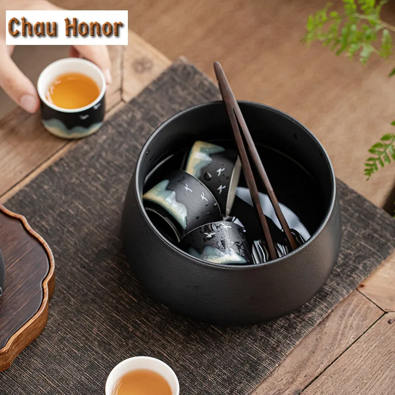 Black Pottery Ceramic Tea Washing With Cover Large Household Tea Residue Jar Jianshui Bowl Cup Washing Bowl Kung Fu Tea Ceremony