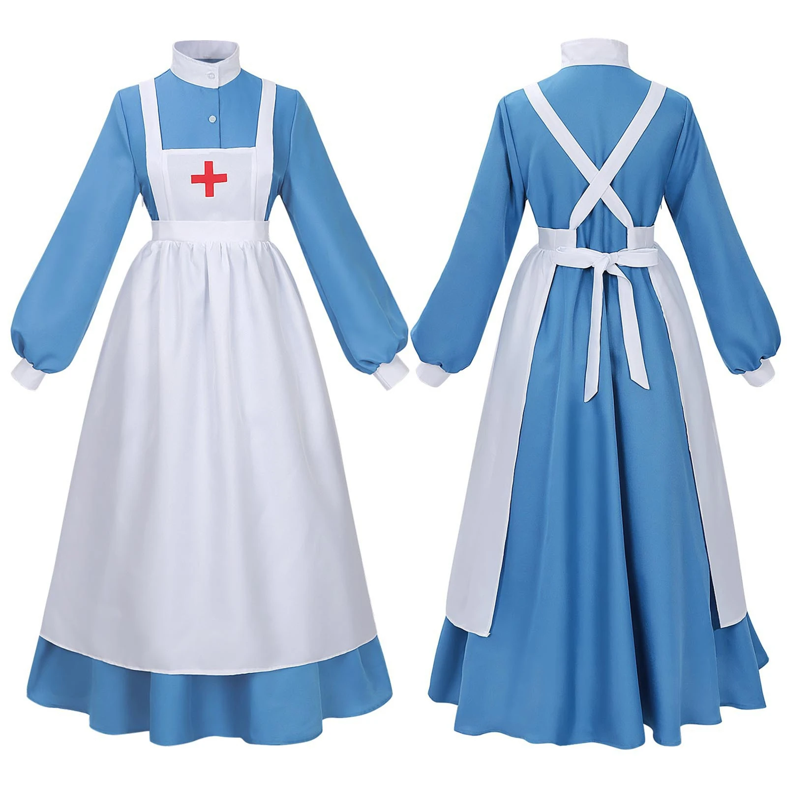 Women's Great War Nurse Costume Historical Civil War Nurse Uniform Dress with Apron Top Skirt Outfit for Halloween