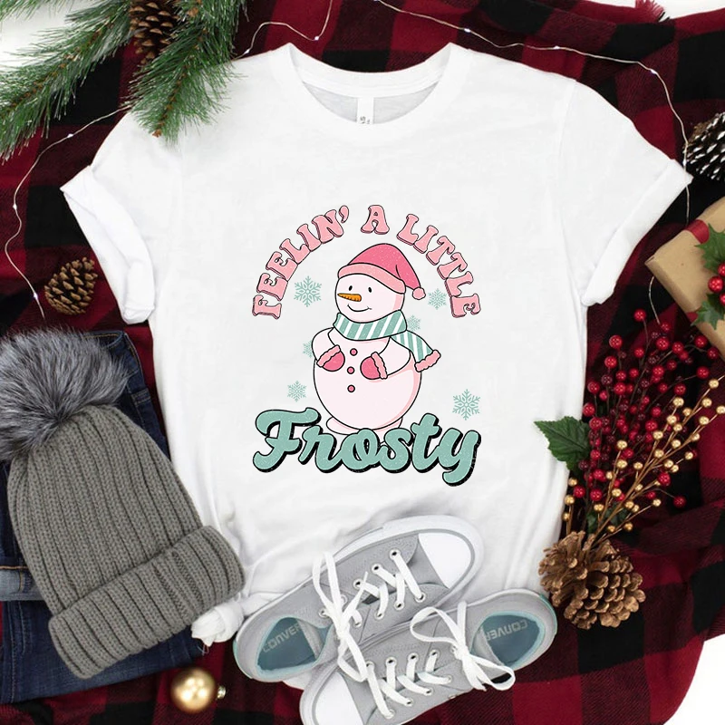 

New Christmas Snowman Feeling A Little Frosty Print T-Shirt Men Women Fashion Short Sleeve Christmas Casual Tops