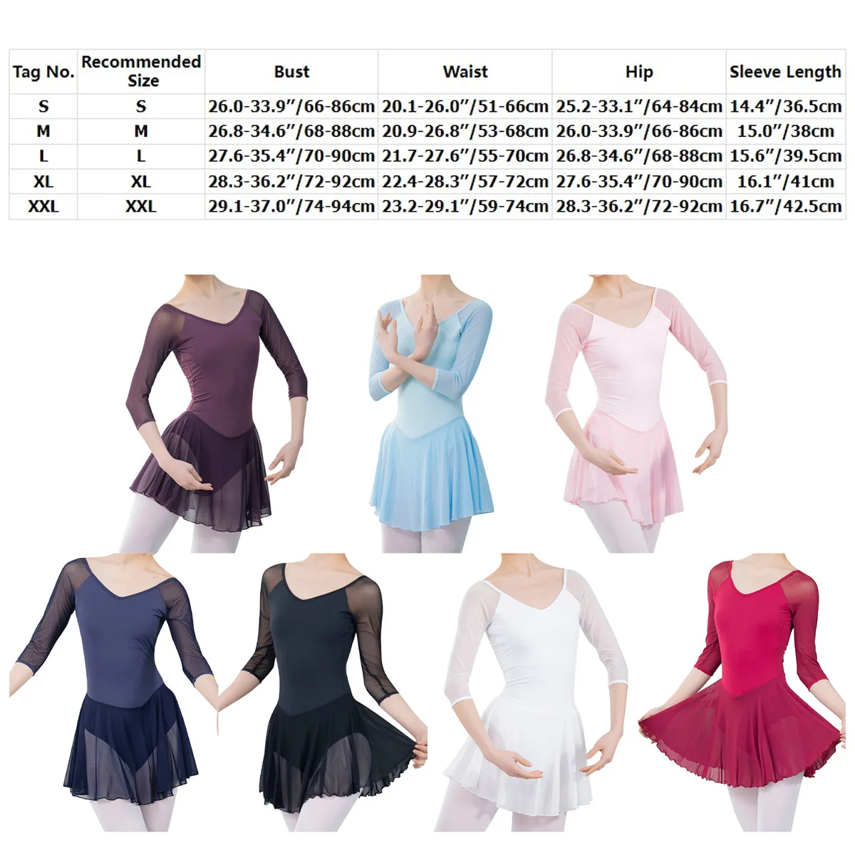 Women Sheer Mesh Dance Leotards 3/4 Sleeve Ballet Leotards Adult Ballet Practice Dance Tutu Dress Costume Gymnastics Leotards