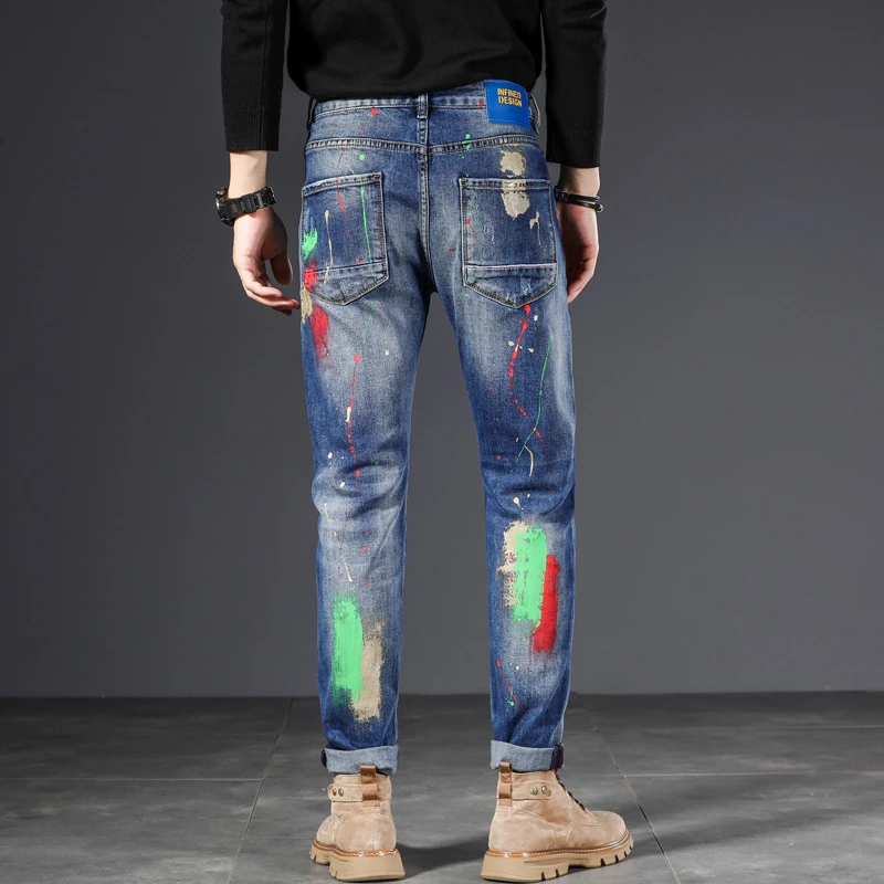 EH·MD® Spray Painted Jeans Men's Holes Scraped Summer High Elastic Slim Fit Small Feet Zipper Leather Label Splash Wrinkle Blue