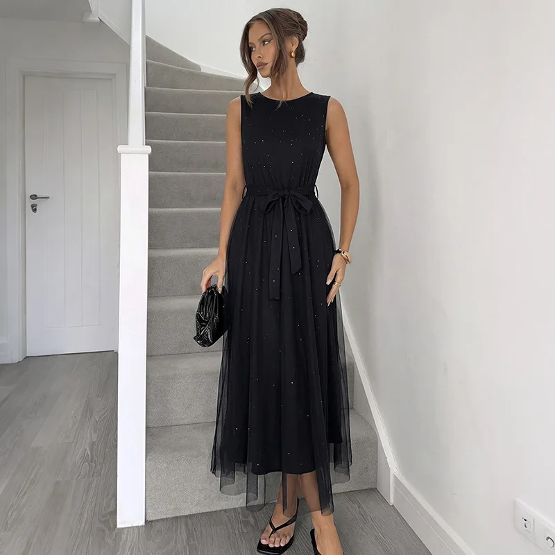 

Summer New Women's Black Sparkle Star Tulle A-Line Maxi Dress Sleeveless O-Neck Waist Bow Belt Elegant Party Evening Gown