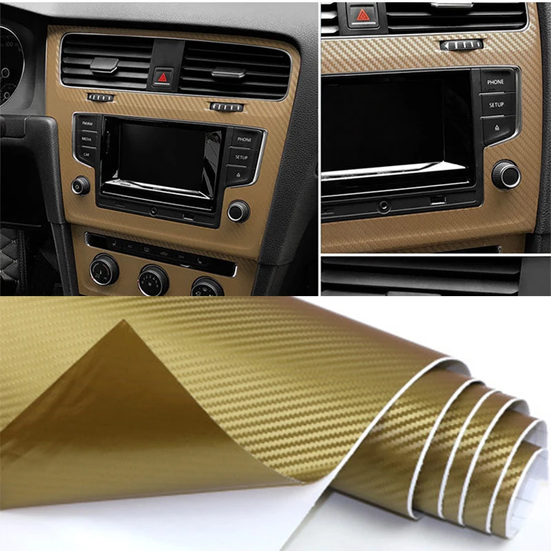 50cm x150cm Gold 3D Carbon Fiber Golden Car Wrap Vinyl Covering Film Sticker Decal Roll Sheet Air Bubble Release 20