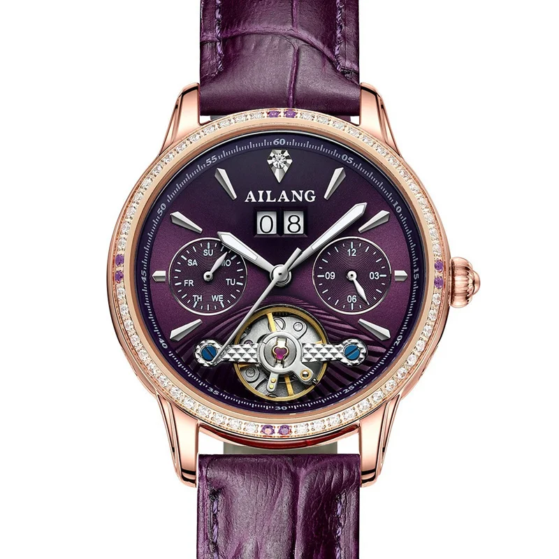 حار بيع 36MM الماس السيدات التلقائي الميكانيكية فتحة سقف التقويم ووتش حزام من الجلد الأحمر الإناث ساعة اليد للماء