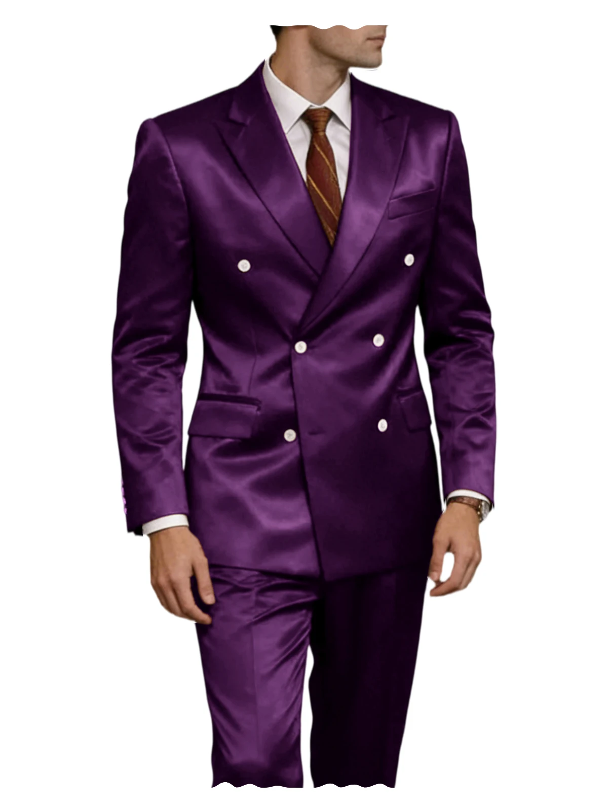 Traje de lujo para hombre de satén brillante de 2 piezas con solapa de pico, chaqueta cruzada y pantalón, elegante, ajustado, formal, para boda o fiesta