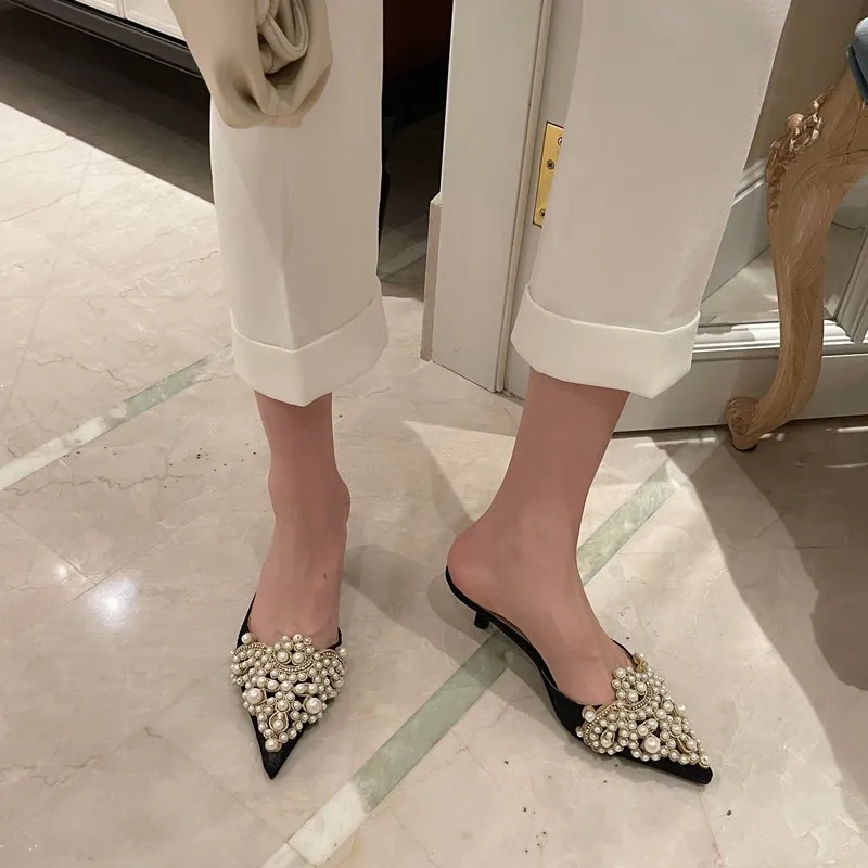 2024 New Slippers Fashion Pointy Head Pearl Half Slippers Fine Heeled Sandals Women\'s Shoes 42 Yards Middle Heeled Mules Shoes