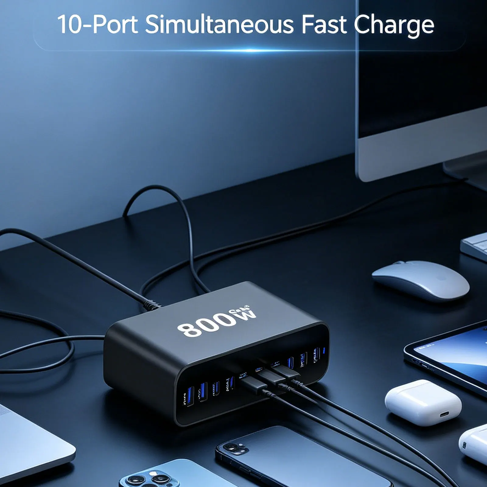Ultra-Portable 10-Port GaN Charger USB C Fast Charger 800W Charging Station Desktop Charger for Mobile Phones Tablets And More
